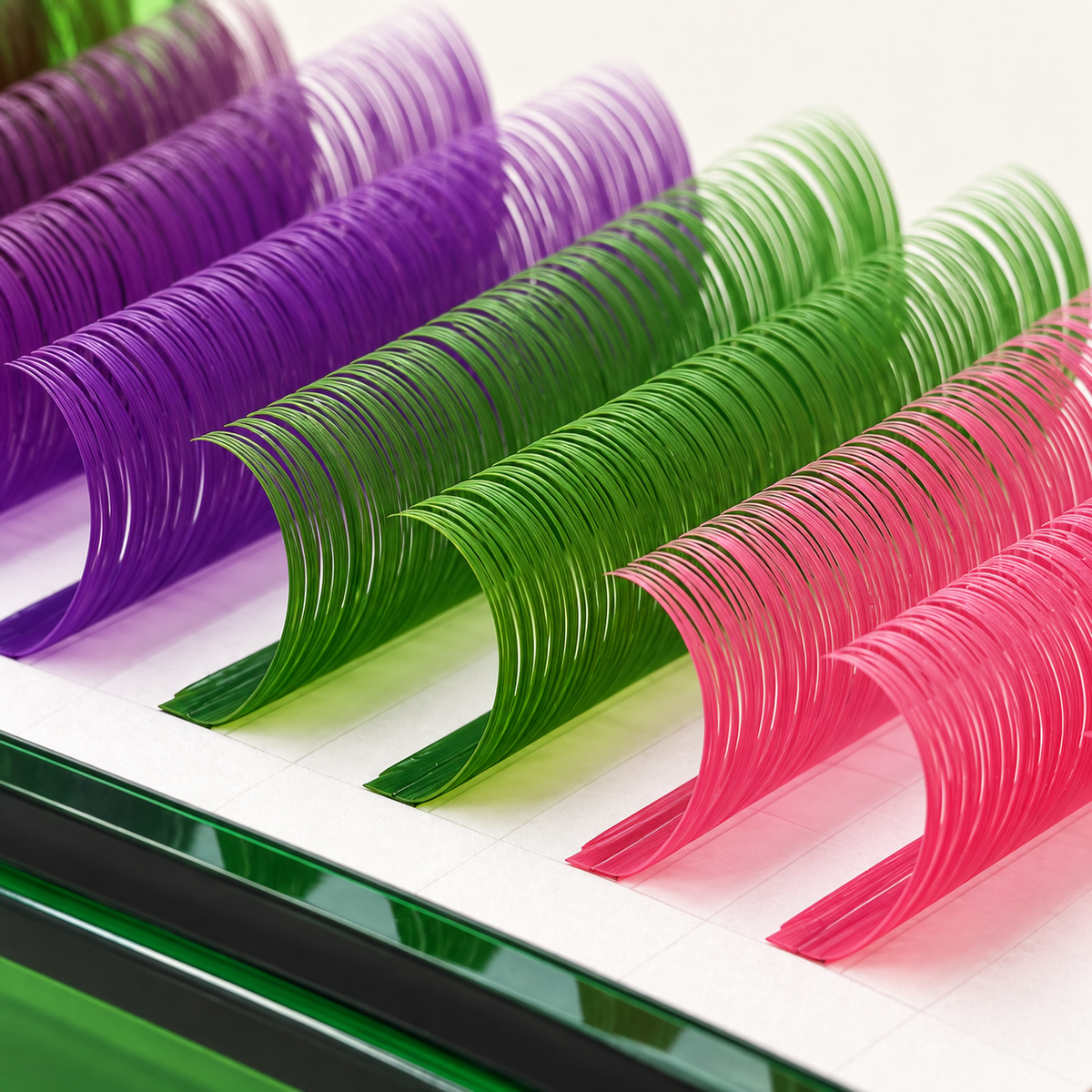 Close-up of SUTCAY purple, green and pink lash fibers