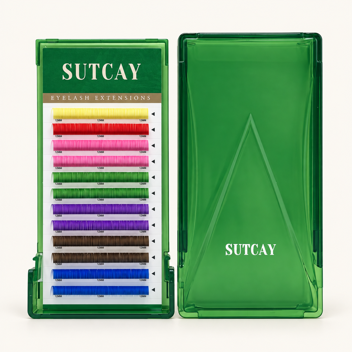 SUTCAY mixed-color lash tray and green lid on a warm white background