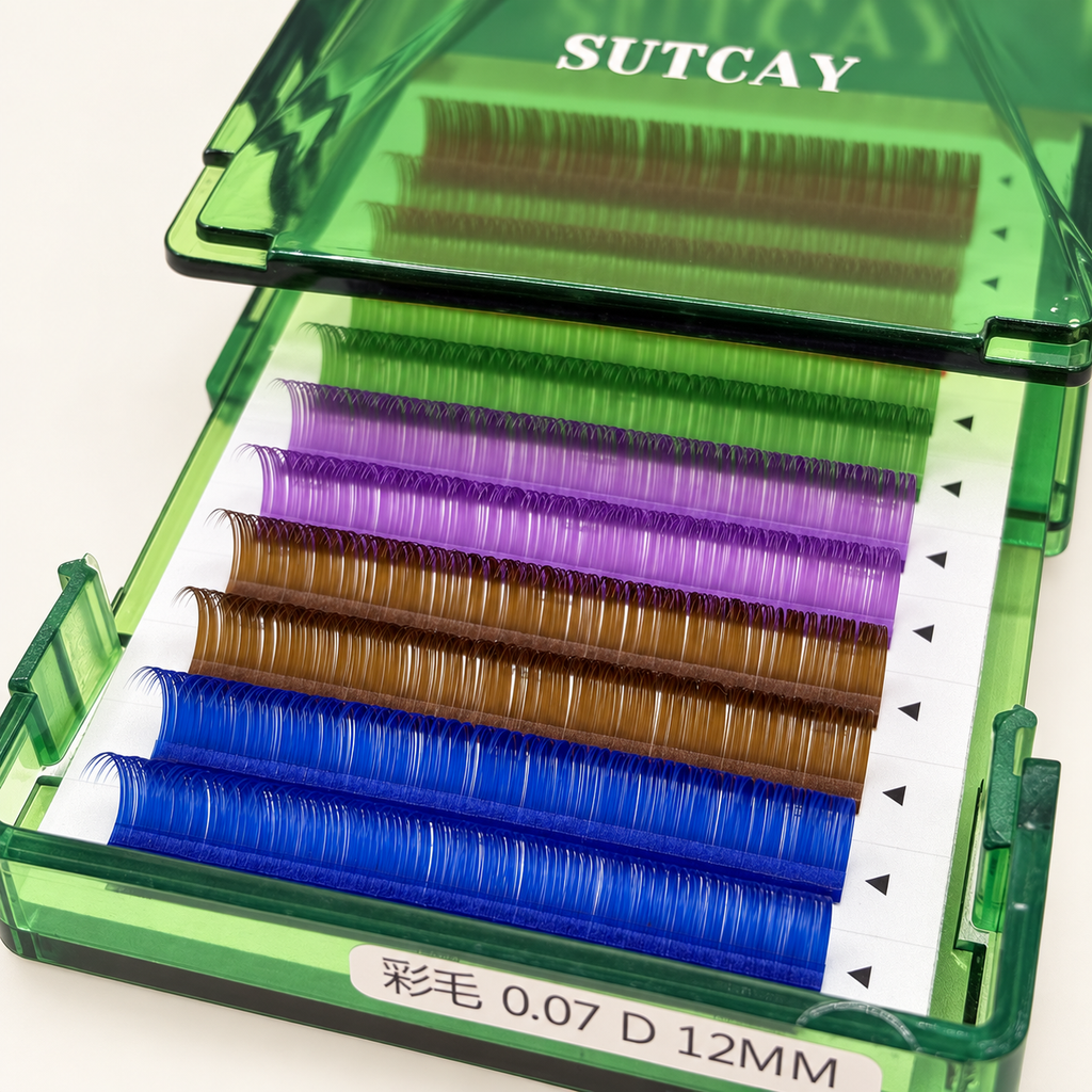 SUTCAY mixed-color lash tray showing the 0.07 D 12MM label
